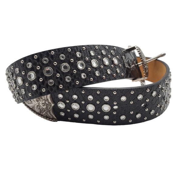 Ariat Black Leather Bling Belt 26/65 Crystal Reptile Print Tooled Buckle Western - Picture 5 of 8